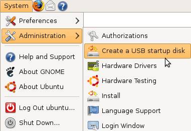 Klik System > Administration > Create a USB startup disk 
